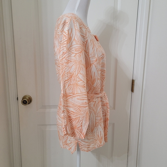 Rafaella Size M Salmon & Ivory Leaf Pattern 100% Linen Button Front Top - Picture 5 of 13